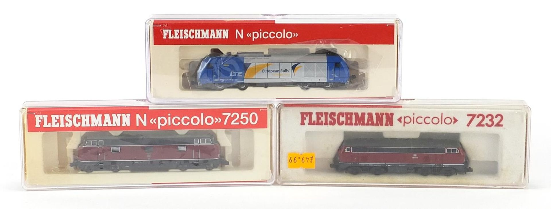 Three Fleischmann N gauge model railway locomotives with cases, numbers 7232, 7250 and 877261