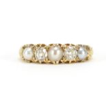 Unmarked gold diamond and pearl five stone ring, size P/Q, 3.4g