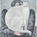 Elizabeth Taggart - Lap cat, oil on panel, label and inscription verso, mounted and framed, 9cm
