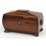 19th century inlaid rosewood tea caddy with ring turned handles and twin divisional interior, 13cm H