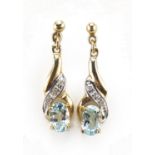 Pair of 9ct gold diamond and blue stone drop earrings, possibly aquamarine, 2.2cm high, 1.7g