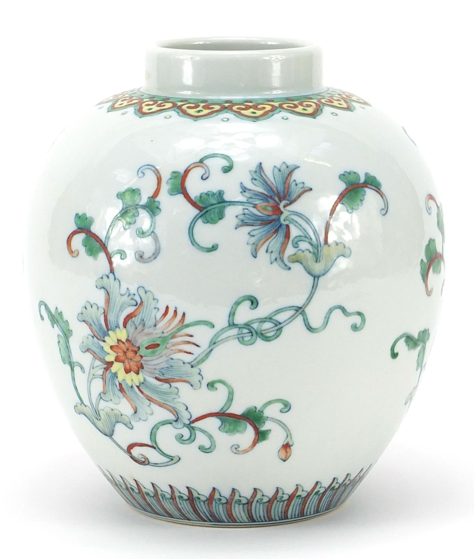 Chinese doucai porcelain jar hand painted with flowers, six figure character marks to the base, 19cm - Image 2 of 3