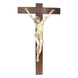 Large antique European painted carved wood corpus Christi on oak crucifix, 86cm high