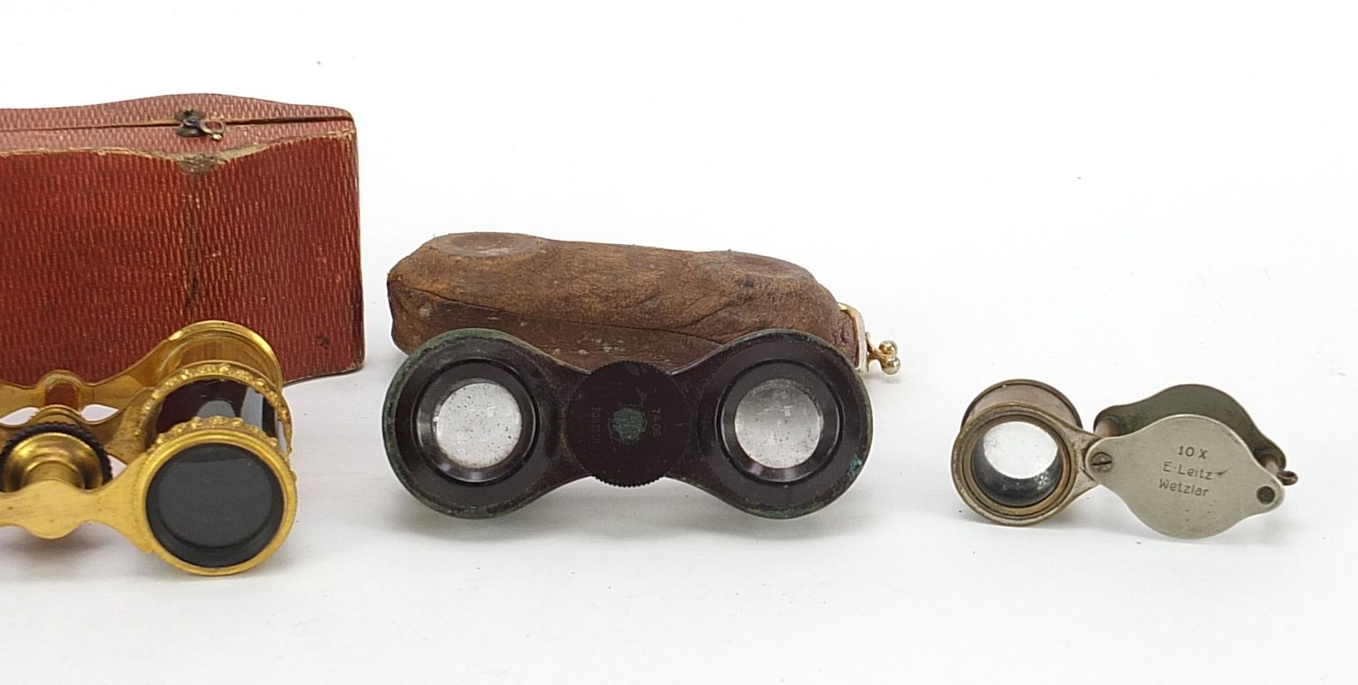Three pairs of 19th century and later opera glasses and an Ernest Leitz x 10 magnifying loupe, the - Image 3 of 4