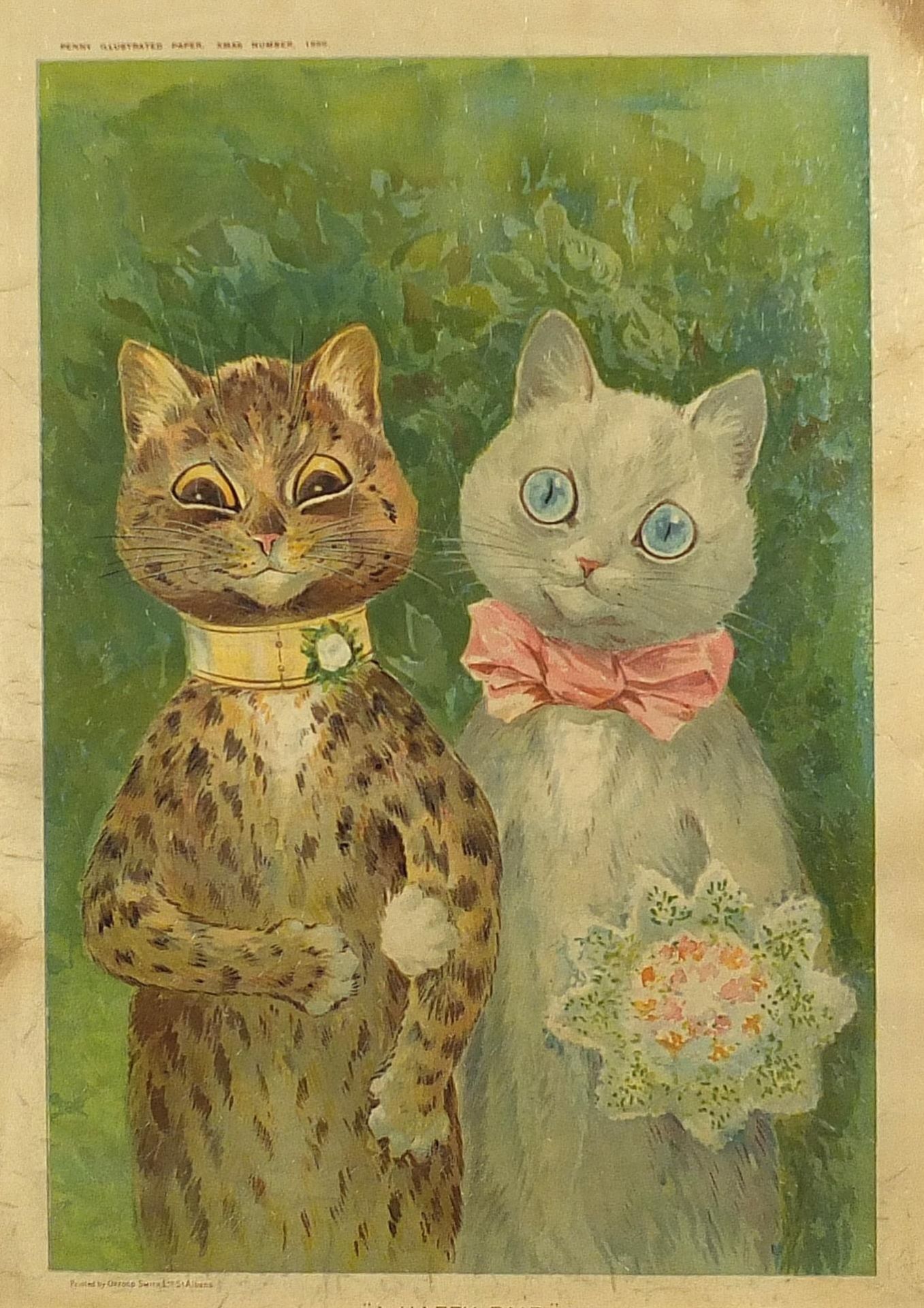 After Louis Wain - A Happy Pair, vintage print in colour, printed by Orford Smith, St Albans, housed
