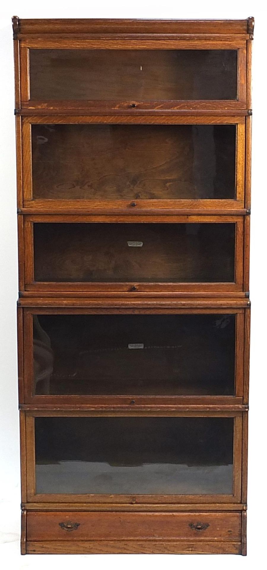 Globe Wernicke oak five tier glazed bookcase on stand with base drawer, 200cm x 86.5cm W x 38cm D