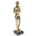 Fondica, French brass sculpture of a standing nude female signed Hommier, raised on a square green