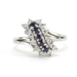 Platinum sapphire and diamond three row ring, size R, 8.7g