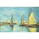 Harbour scene with moored boats, French Impressionist oil on canvas, mounted and framed, 59cm x 39cm