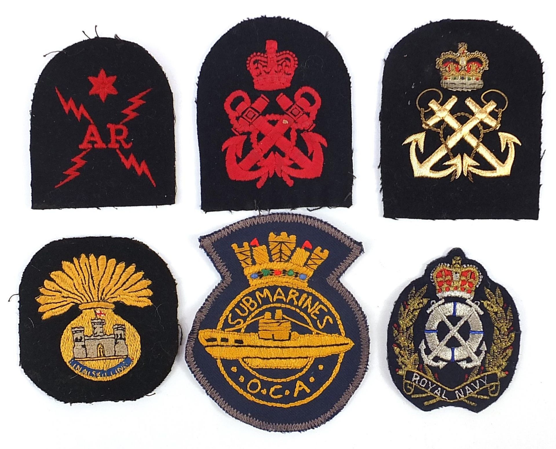 Six military interest cloth badges including Submarines O C A