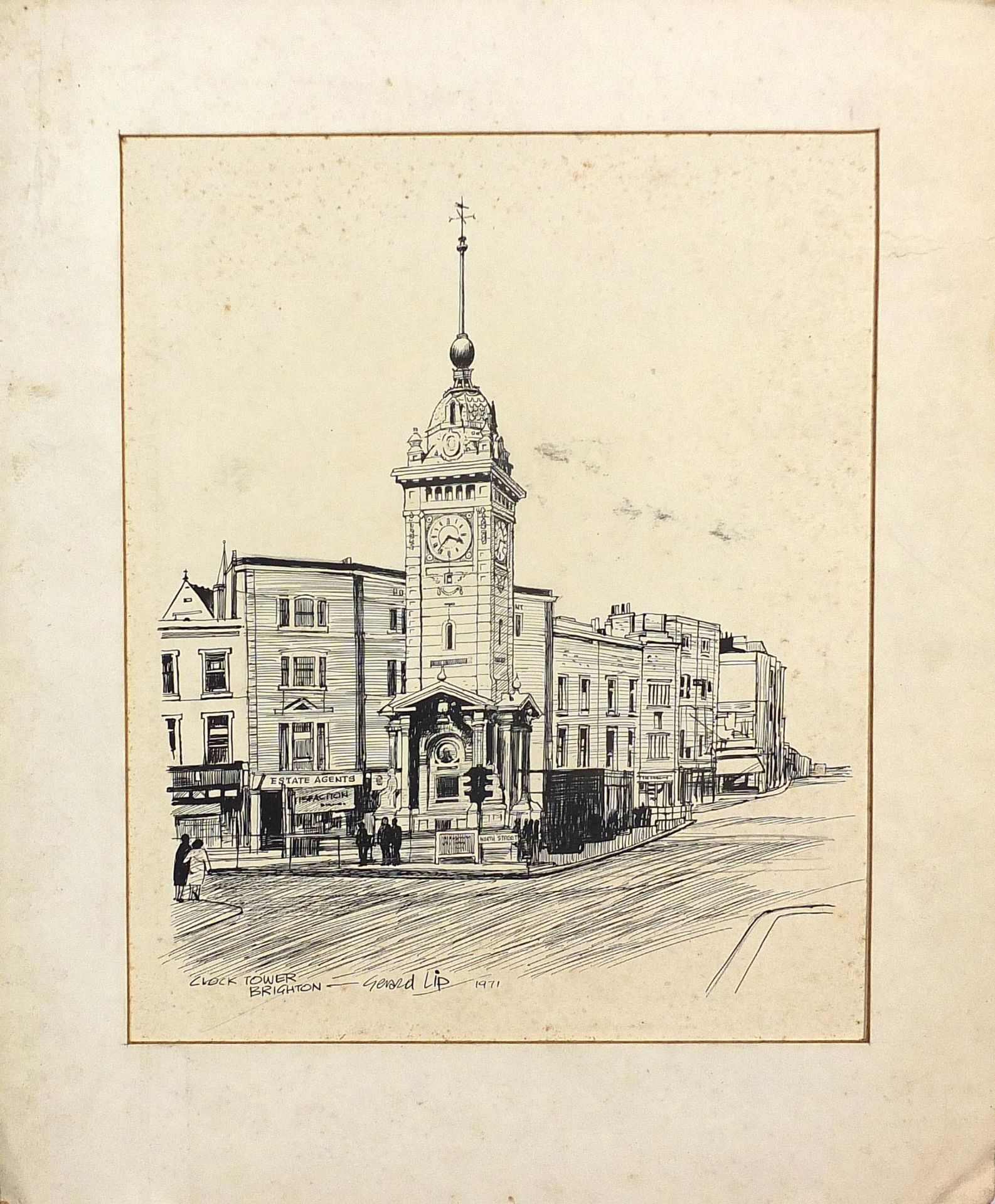 Gerald Lip 1971 - The Pepper Box and Clocktower Brighton, two pen and inks on card, one mounted, - Image 6 of 8