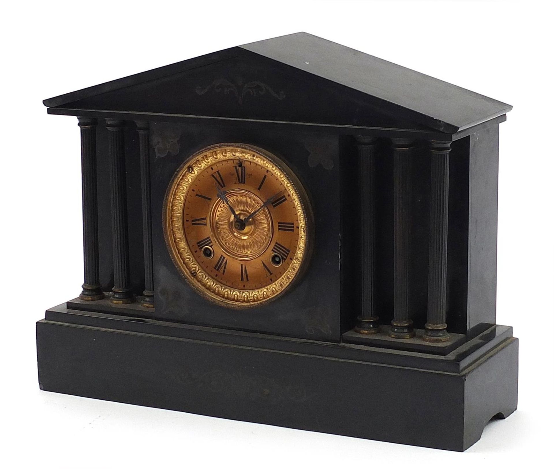 Victorian black slate striking mantle clock with brass dial and columns, 41cm wide