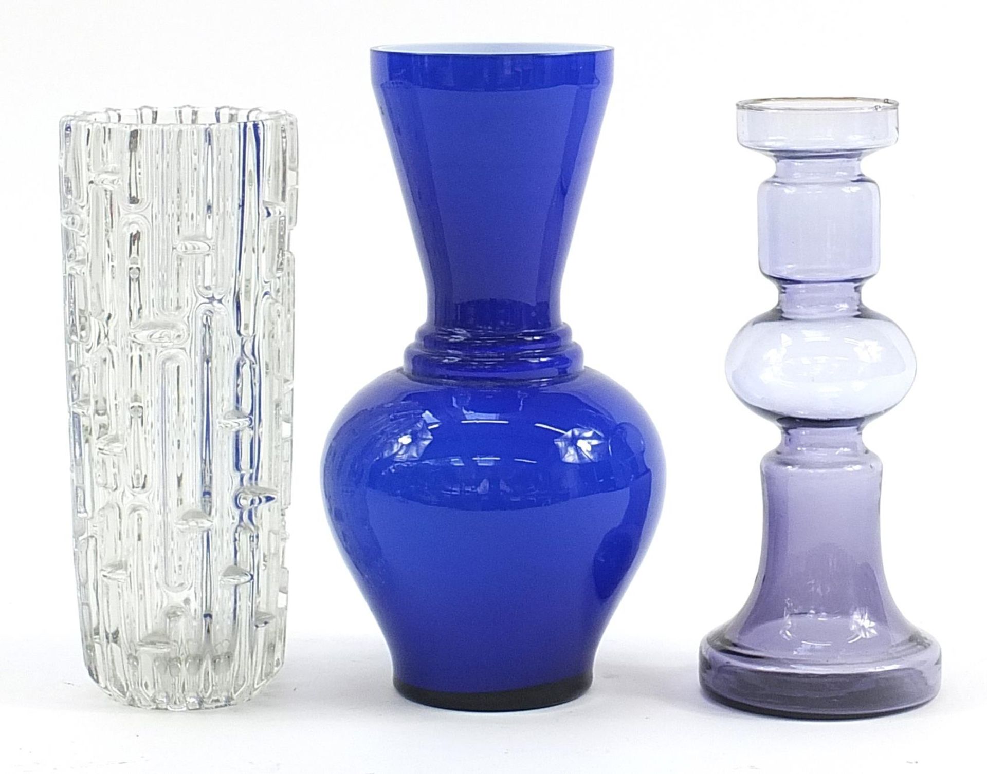 Scandinavian design glassware including a white cased blue glass vase, the largest 28cm high