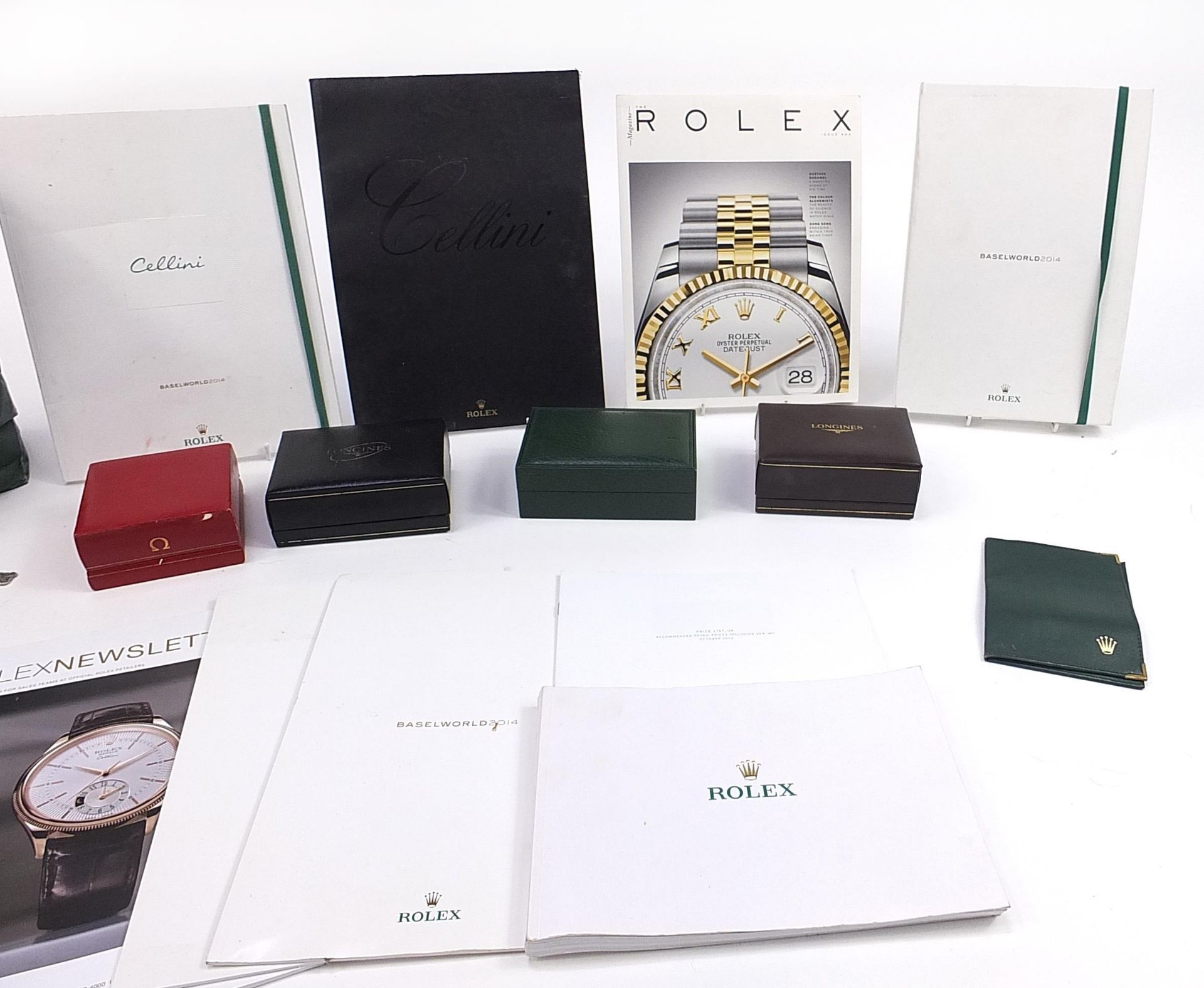 Four vintage and later watch boxes and a selection of Rolex brochures to include Omega and Longines, - Image 3 of 4