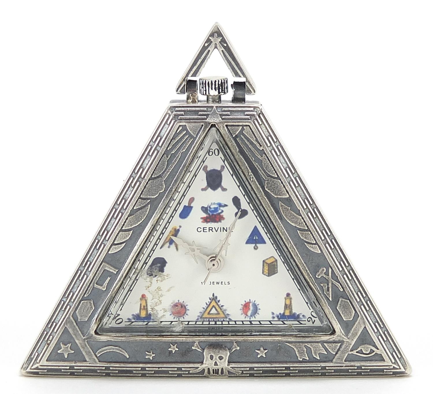 Masonic interest silver triangular pocket watch, 5cm high, 51.0g