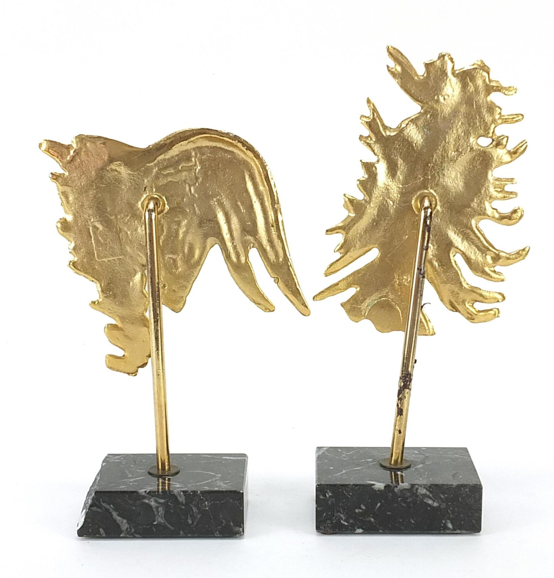 Fondica, two French Brutalist gilt brass zodiac sign sculptures raised on rectangular marble - Image 2 of 3