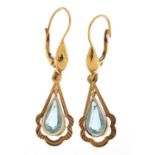 Pair of 18ct gold aquamarine drop earrings, 4.0cm high, 3.9g