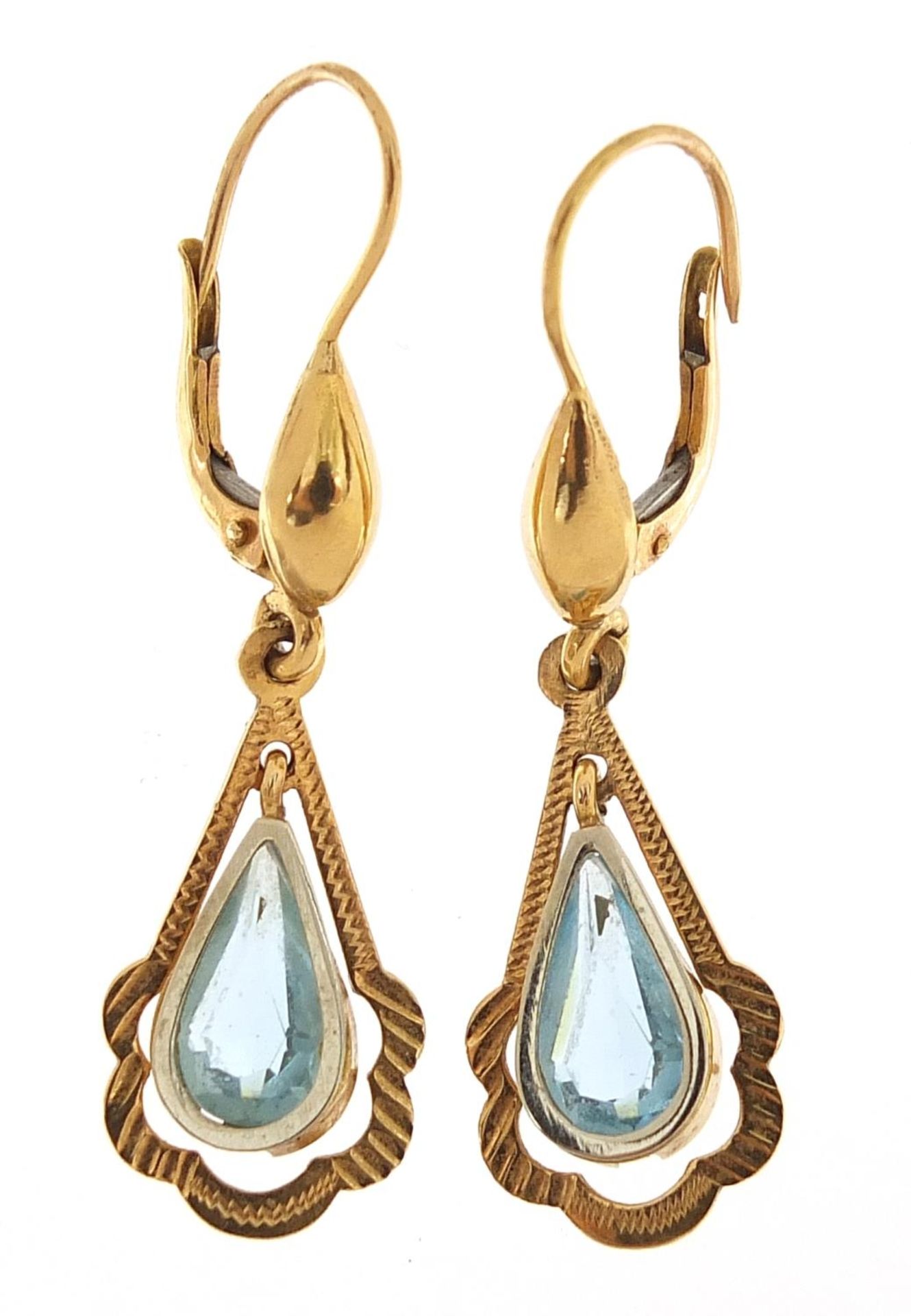 Pair of 18ct gold aquamarine drop earrings, 4.0cm high, 3.9g