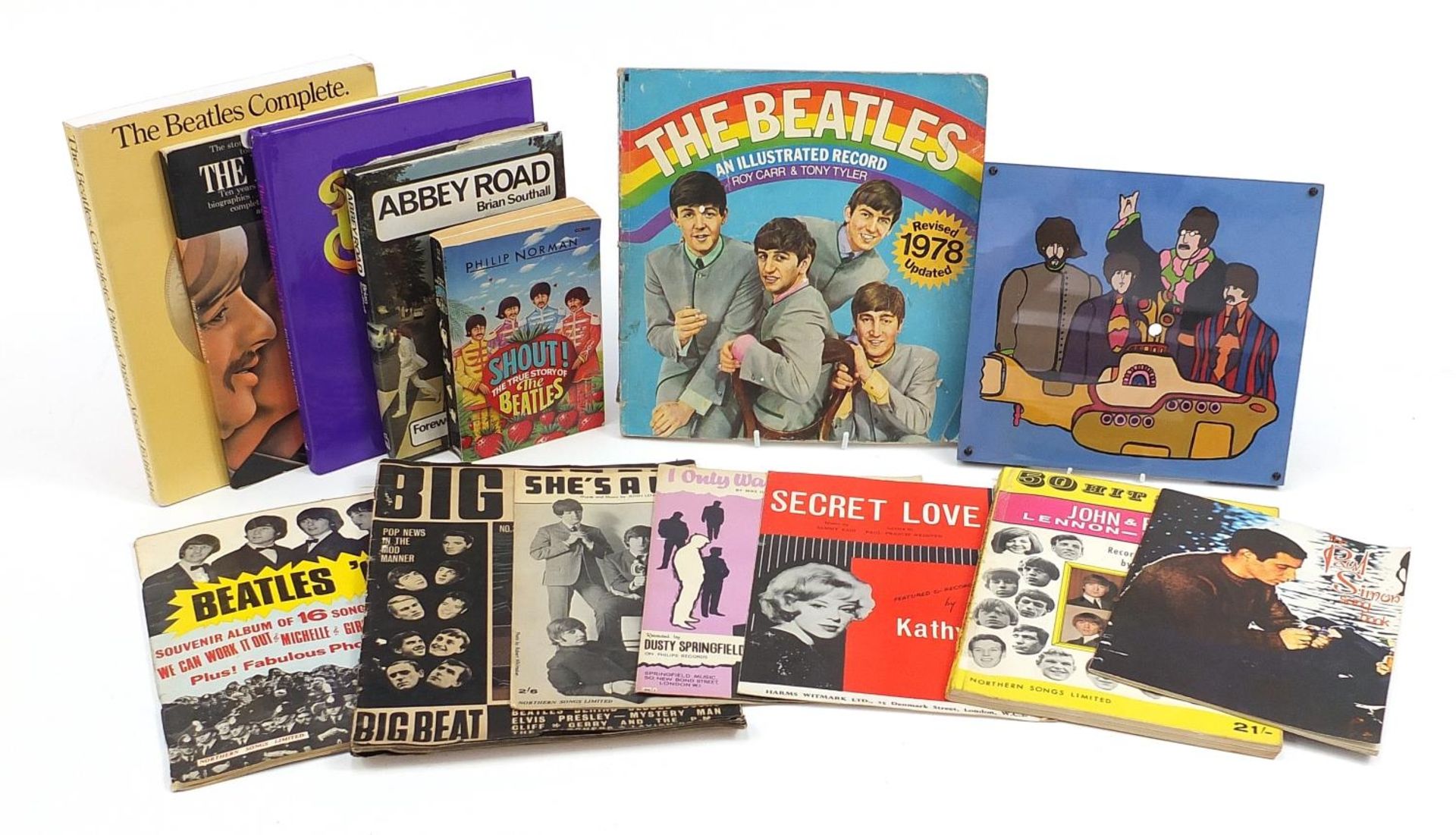 The Beatles related ephemera and a hand painted wooden plaque including The Beatles Complete