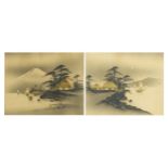 Boats on water before mountains, pair of Japanese monochrome and gold mixed medias, framed and