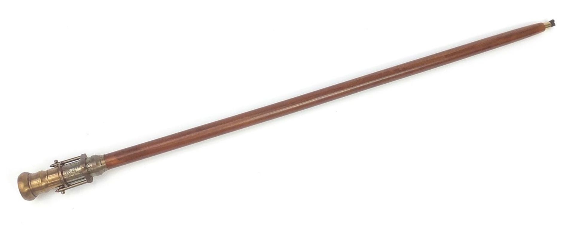 Hardwood walking stick with brass two draw telescope and compass handle, 100cm in length - Image 3 of 5