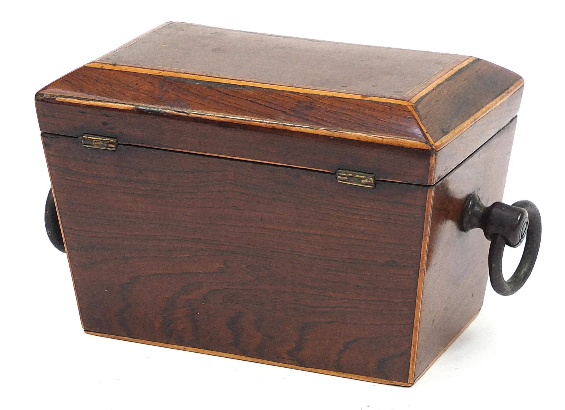 19th century inlaid rosewood tea caddy with brass ring turned handles and feet with twin - Image 3 of 4