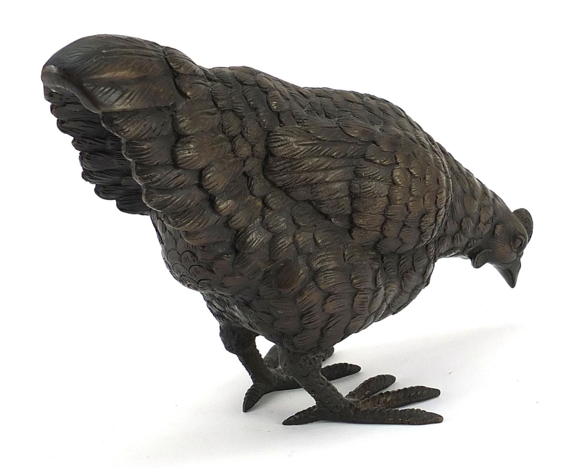 Large patinated bronze chicken, 36cm in length - Image 2 of 3