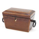 19th century inlaid rosewood tea caddy with brass ring turned handles and feet with twin