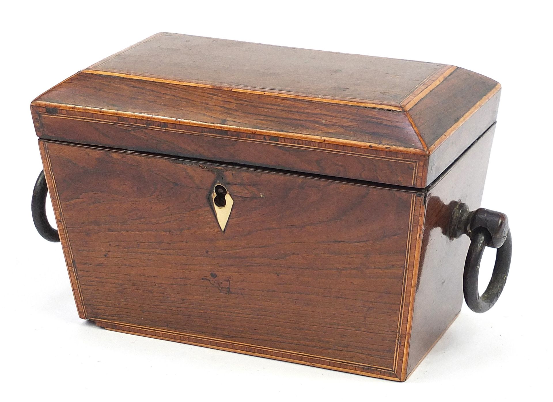 19th century inlaid rosewood tea caddy with brass ring turned handles and feet with twin