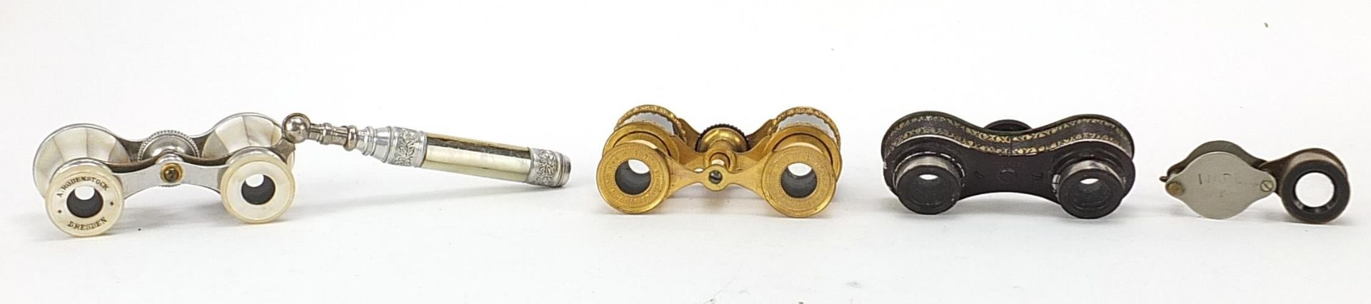 Three pairs of 19th century and later opera glasses and an Ernest Leitz x 10 magnifying loupe, the - Image 4 of 4