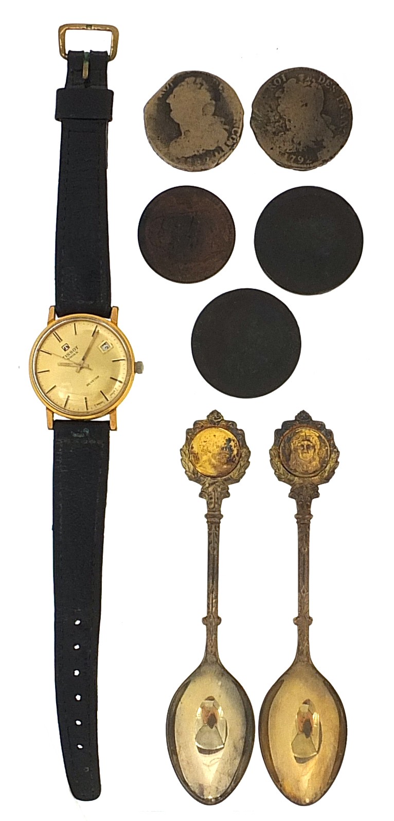 Objects comprising vintage Tissot Seastar wristwatch, two silver teaspoons and five antique coins