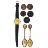 Objects comprising vintage Tissot Seastar wristwatch, two silver teaspoons and five antique coins