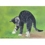 Jenni Ohenoja - Kitten in the grass, oil on canvas laid on board, framed, 33cm x 24cm excluding