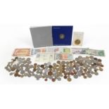 British and world coinage and banknotes including five pound note, one pound note, fifty pence coins