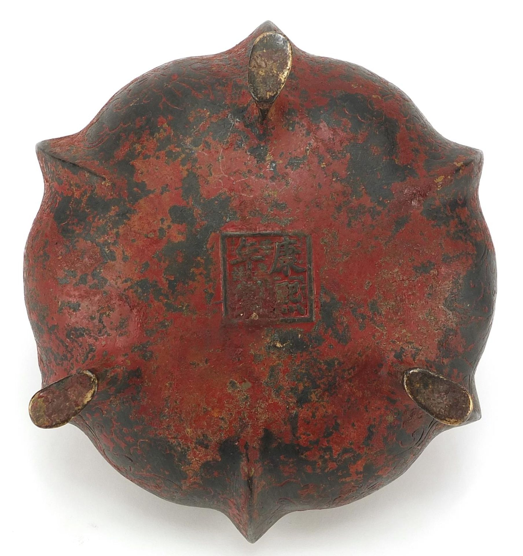 Chinese lacquered patinated bronze tripod censer with twin handles, four figure character marks to - Image 3 of 4