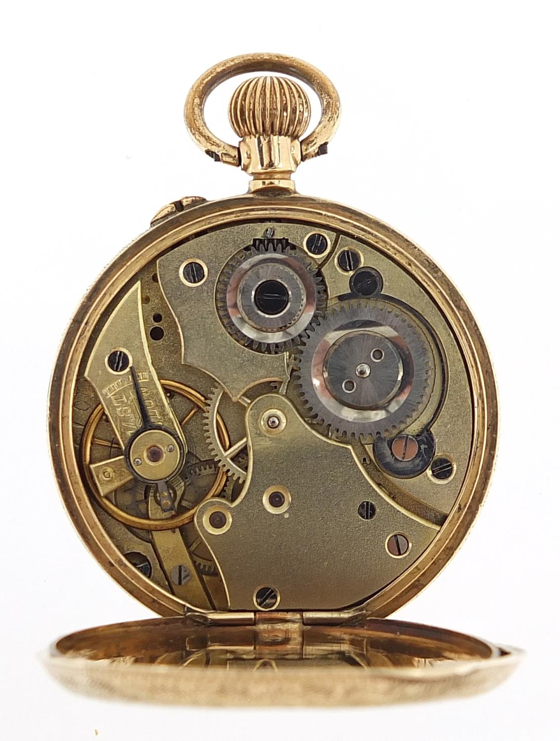 Ladies 9ct gold open face pocket watch with ornate gilt dial, 32mm in diameter, 25.2g - Image 3 of 4