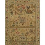 19th century needlework sampler by Jane Faldor embroidered with animals and flowers, framed and