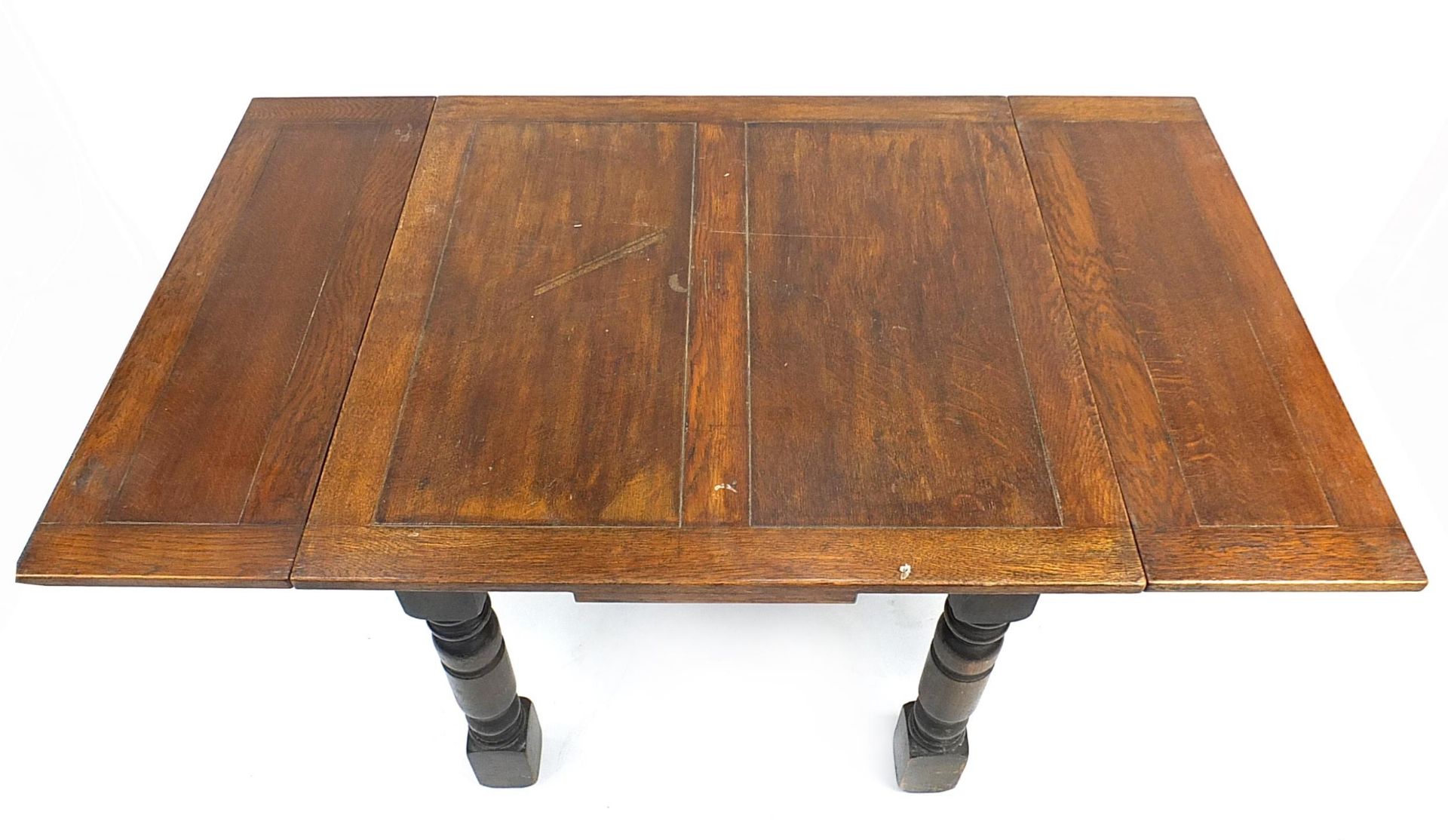 Oak draw leaf dining table and five barley twist dining chairs with bergere backs, the table 76cm - Image 3 of 7