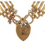 9ct gold five row gate link bracelet with love heart padlock, 16cm in length, 20.5g