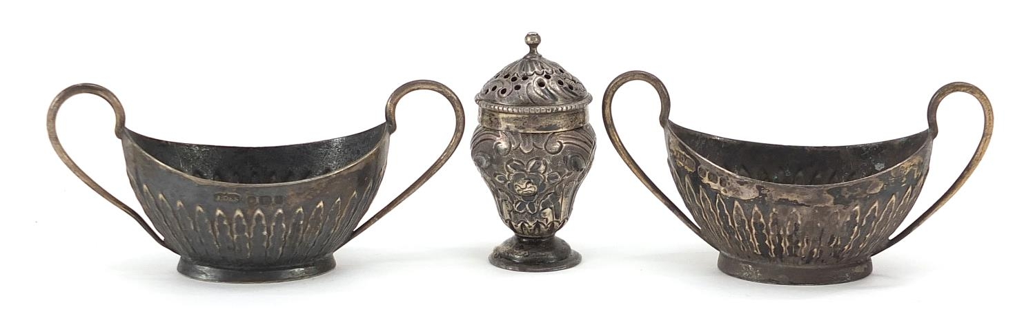 Pair of silver twin handled table salts and miniature Victorian silver caster, the salts 8cm wide, - Image 2 of 4