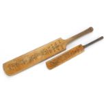Two miniature autographed cricket bats comprising West Indies Tour 1950-60 and The Len Hutton