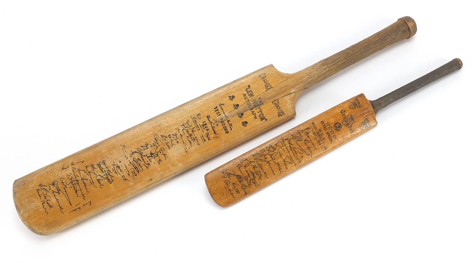 Two miniature autographed cricket bats comprising West Indies Tour 1950-60 and The Len Hutton