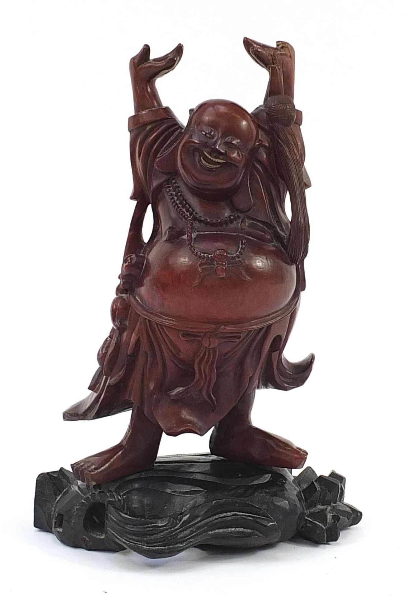 Large Chinese carved hardwood figure of Happy Buddha on stand, 40cm high