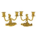 Pair of 19th century French Louis XV style two branch ormolu candelabras, each 16.5cm high x 20cm
