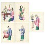 Empresses and attendants, set of five Chinese watercolours on pith paper, framed and glazed, each