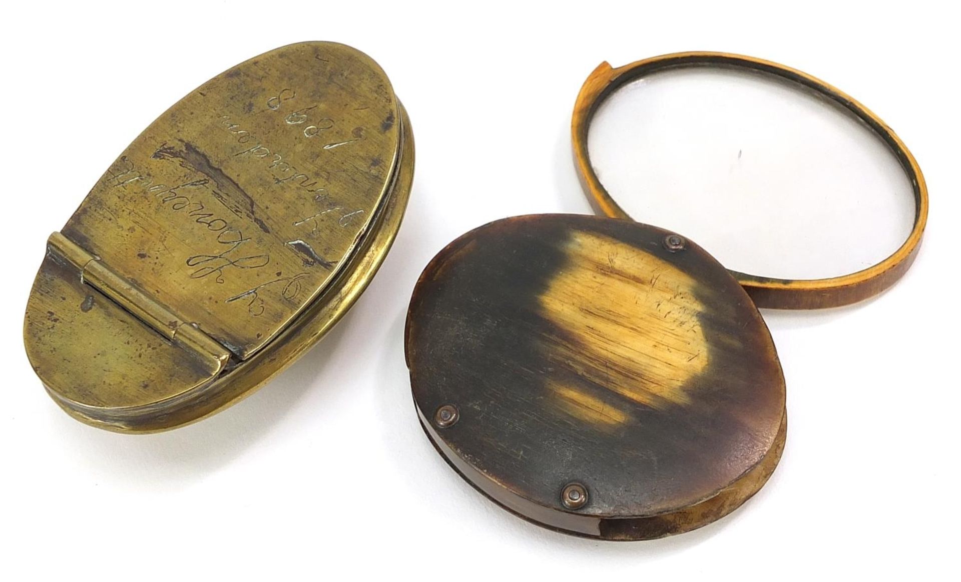 19th century horn magnifying glass and a brass tobacco box engraved J Honeysett Tenterden 1898, - Image 2 of 4