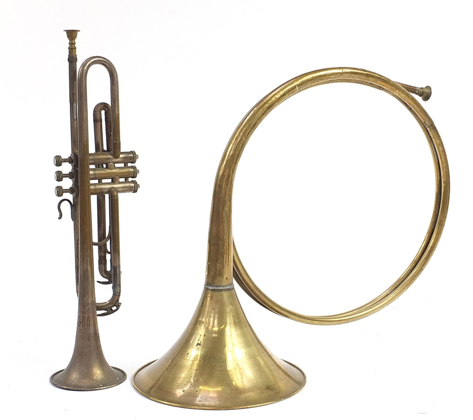 Magna trumpet and a brass horn, the largest 49cm in length