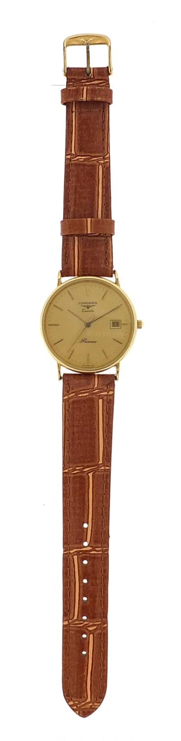 Longines, gentlemen's 9ct gold Longines Presence wristwatch with date aperture, the case numbered - Image 2 of 4