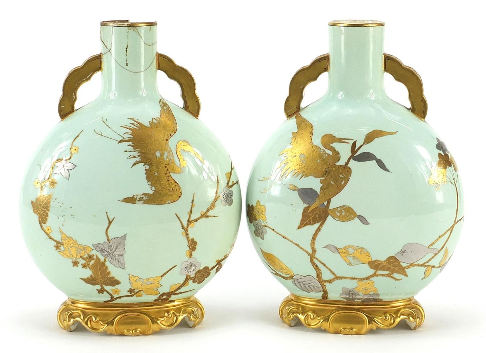 Manner of Christopher Dresser, pair of Victorian Royal Worcester aesthetic porcelain moon flasks