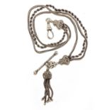 Victorian style sterling silver watch chain with T bar and tassel, 20cm in length, 18.0g